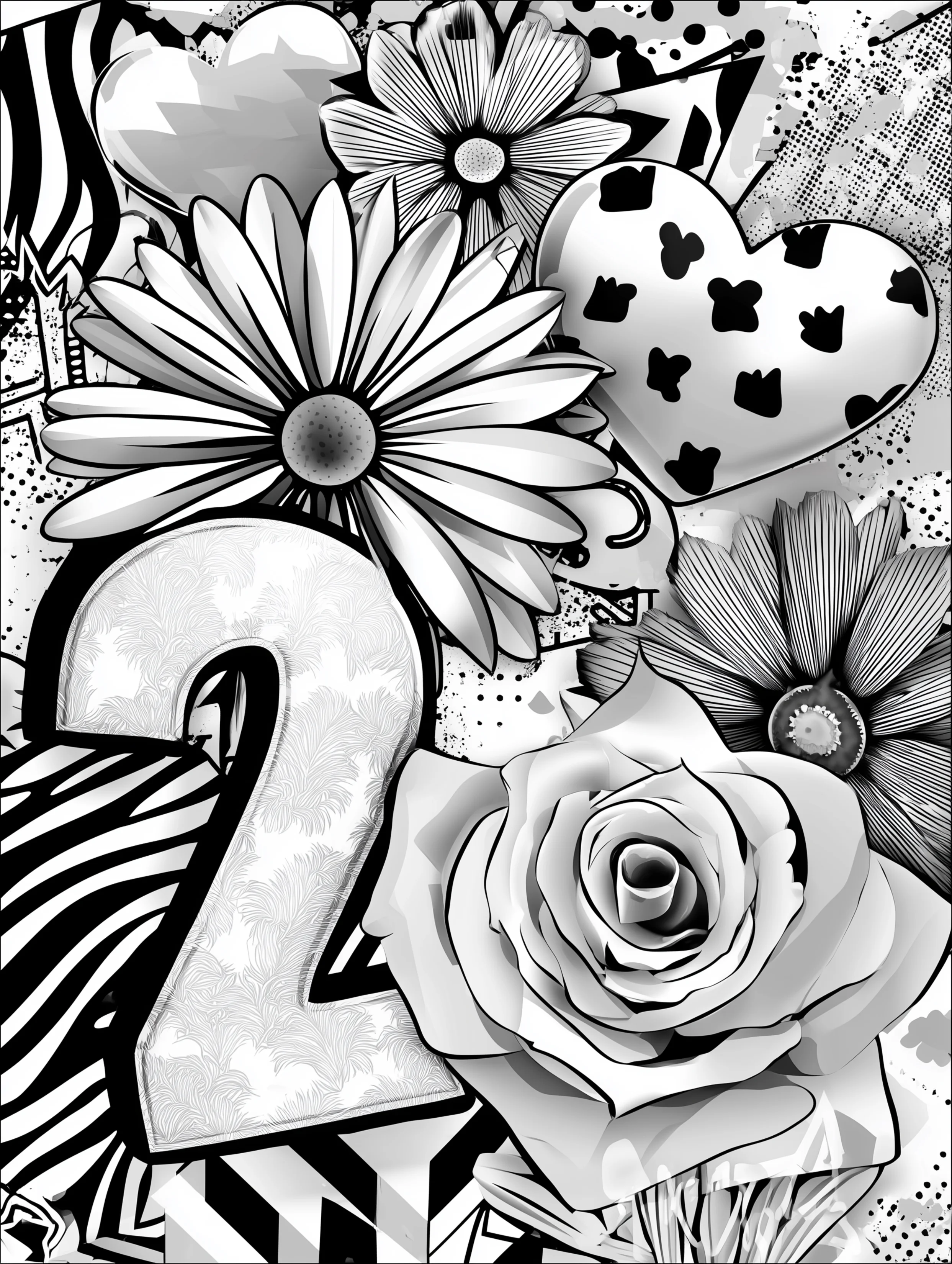 Free printable coloring page for numbers featuring a tilted number two with flowers